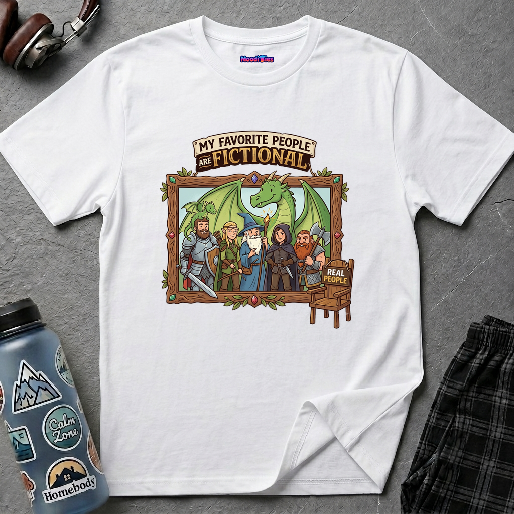 Fantasy cast in a group portrait with an empty 'REAL PEOPLE' chair; text above reads 'My Favorite People Are Fictional'