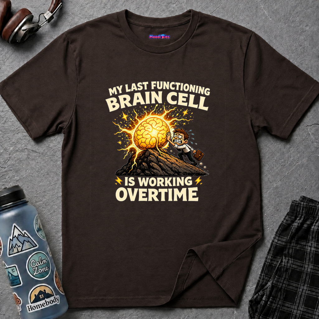 cartoon man sweating and pushing a glowing brain uphill with text MY LAST FUNCTIONING BRAIN CELL IS WORKING OVERTIME