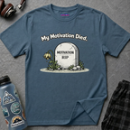 Text "My Motivation Died," featuring a plain gray tombstone that says "Motivation. RIP" and a sad drooping flower.