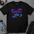 Text "Neurospicy & Proud" in purple and blue fonts with purple and blue chili peppers and infinity symbols.