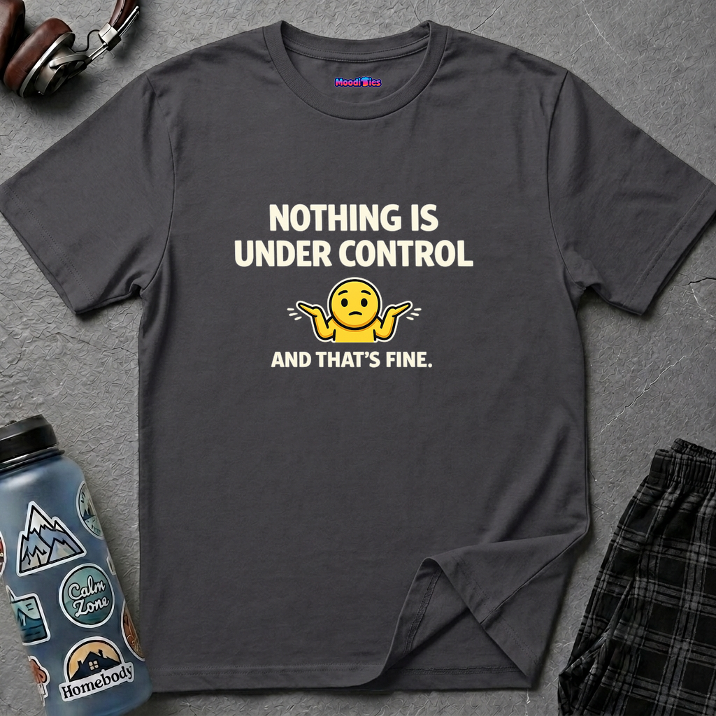 Text "Nothing Is Under Control And That's Fine" in white font with shrugging yellow emoji figure.