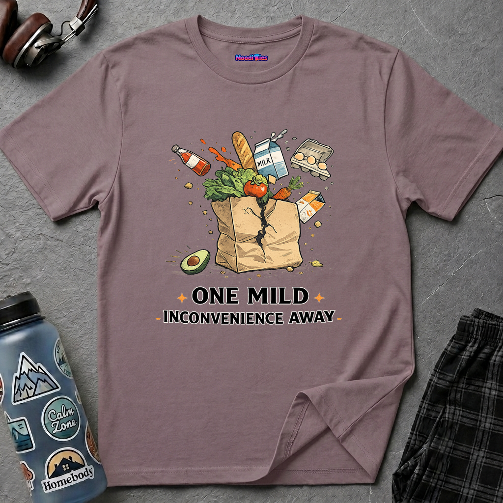 "One Mild Inconvenience Away" Exploding Grocery Bag T-Shirt