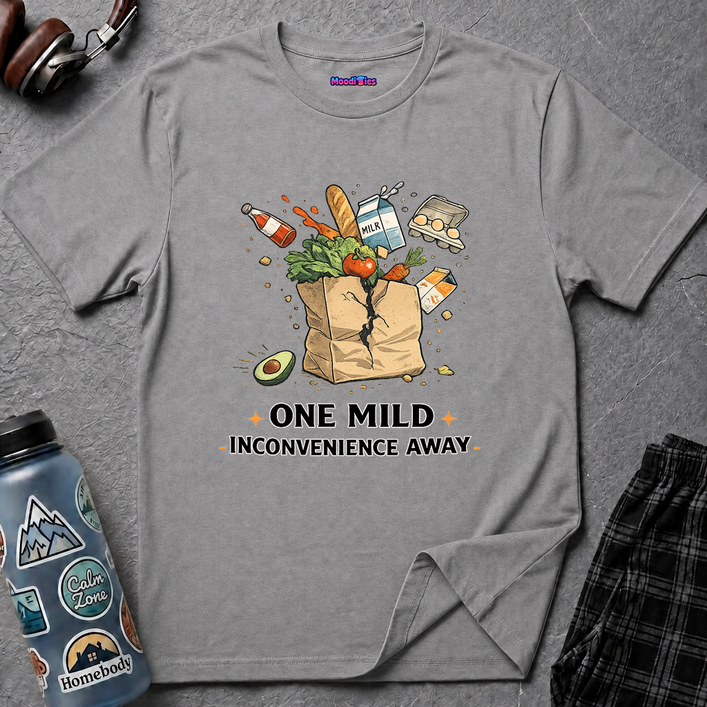 "One Mild Inconvenience Away" Exploding Grocery Bag T-Shirt