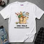 Paper grocery bag bursting open spilling milk, eggs, avocado, and vegetables below text ONE MILD INCONVENIENCE AWAY