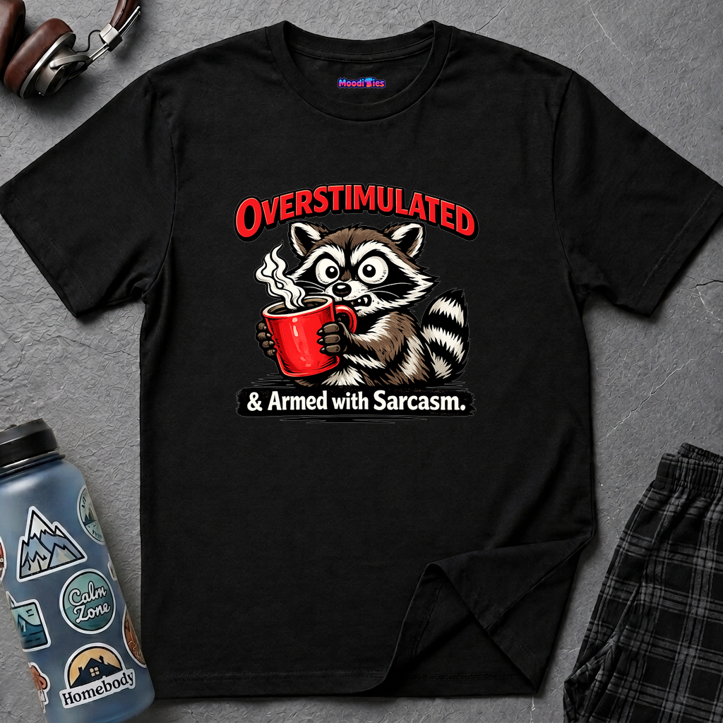 "Overstimulated & Armed with Sarcasm" Raccoon with Coffee T-Shirt