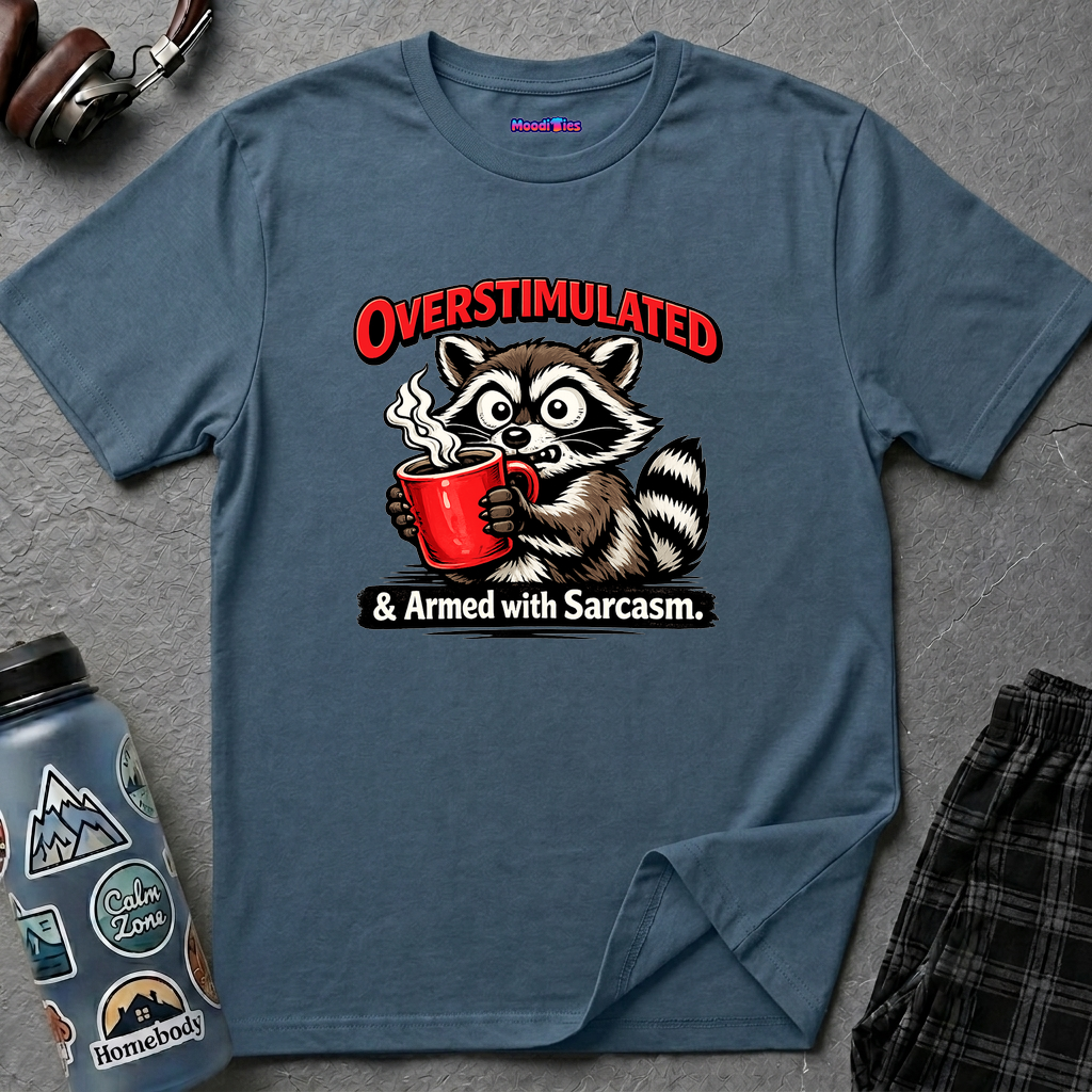 "Overstimulated & Armed with Sarcasm" Raccoon with Coffee T-Shirt