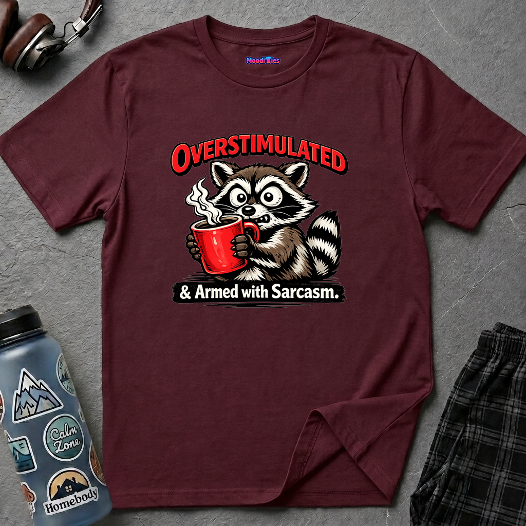 "Overstimulated & Armed with Sarcasm" Raccoon with Coffee T-Shirt