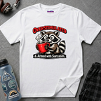Text "Overstimulated & Armed with Sarcasm" with a wired and frazzled cartoon raccoon grasping steaming red coffee cup.
