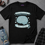 Text "Overthinking Everything Since Forever" featuring a tangled ball of yarn shaped like a brain.