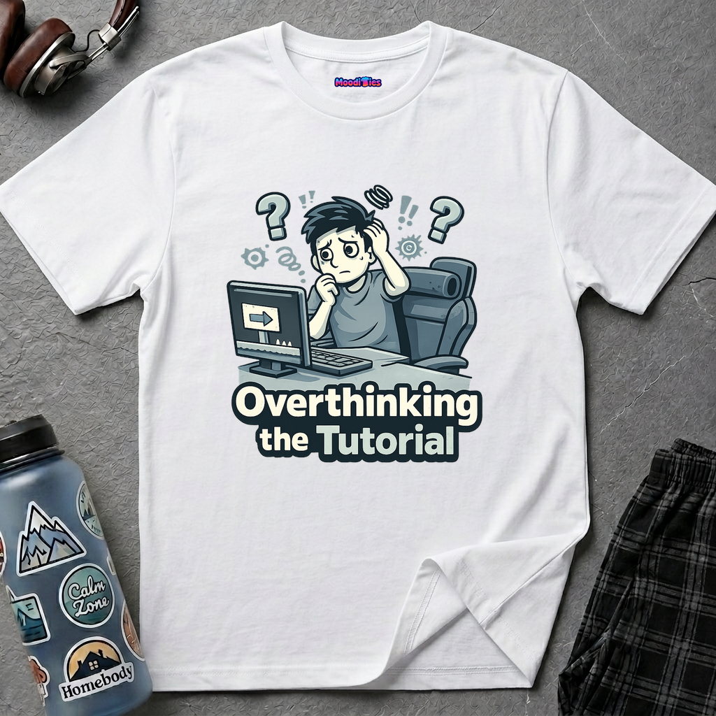 Text "Overthinking the Tutorial" featuring confused gamer sitting at computer scratching his head surrounded by question marks.