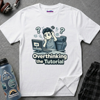 Text "Overthinking the Tutorial" featuring confused gamer sitting at computer scratching his head surrounded by question marks.