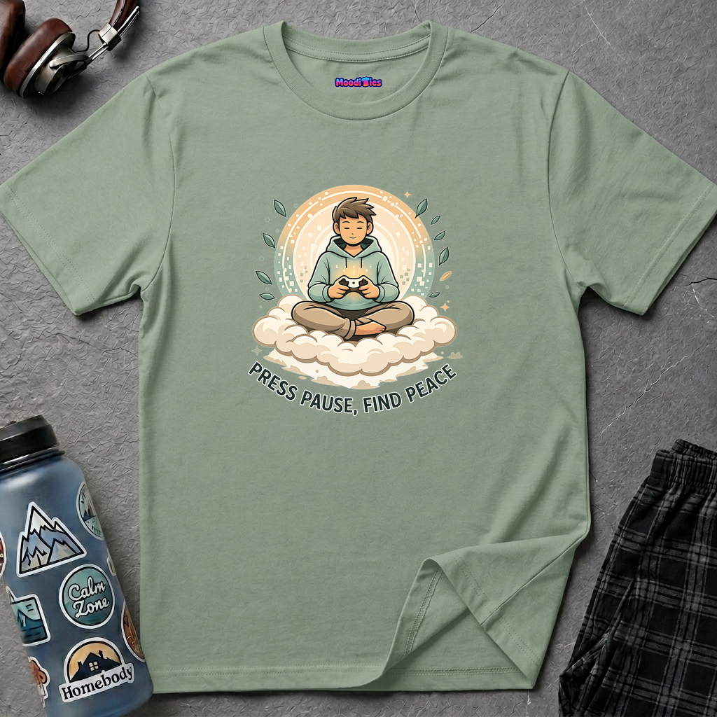 Text "Press Pause Find Peace" featuring serene gamer in comfy sweats sitting on a cloud indian-style holding a game controller.