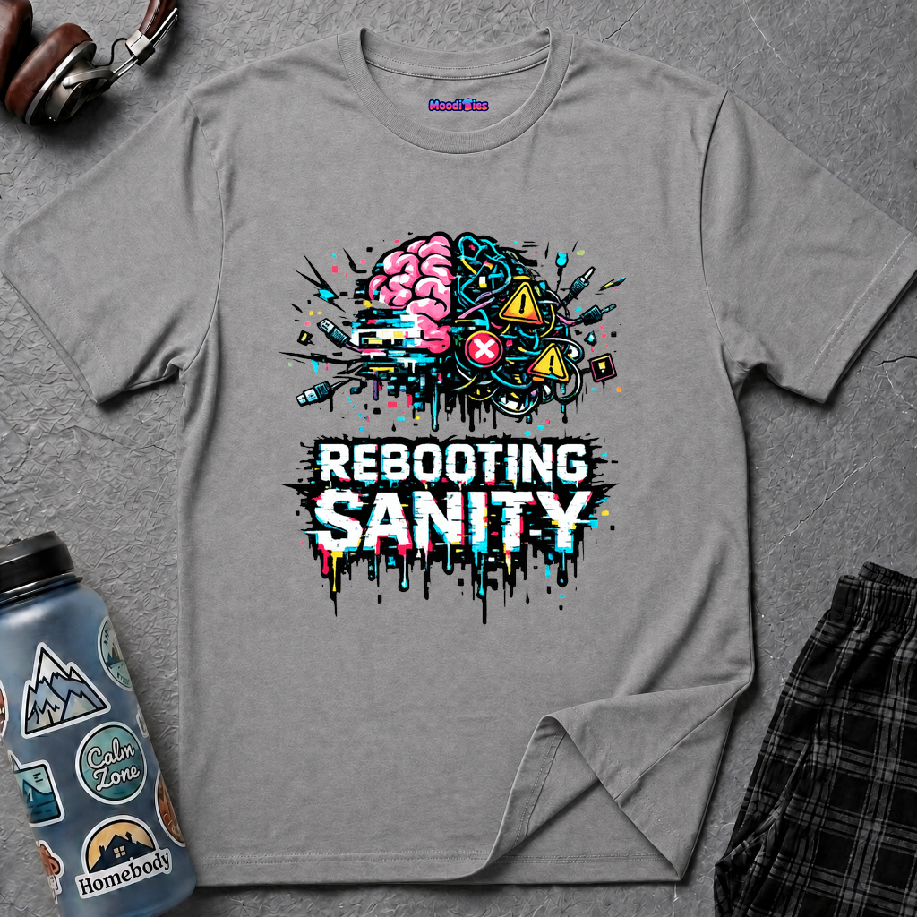 Text "Rebooting Sanity” in pixelated white font with chaotic cartoon brain made partly of normal brain matter but mostly of tangled wires and connection cables.