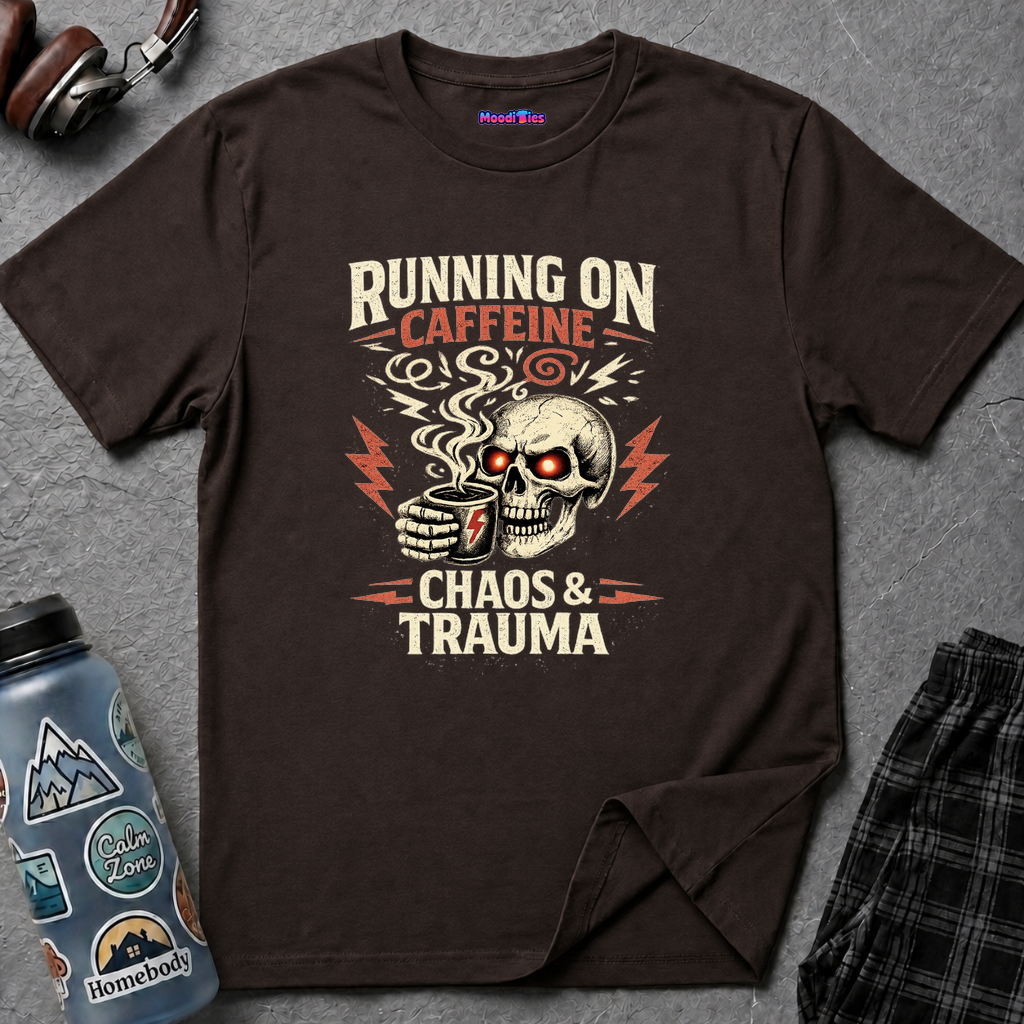 Text "Running on Caffeine Chaos & Trauma" biker-style design of skull with glowing red eyes enjoying a steaming cup of coffee.