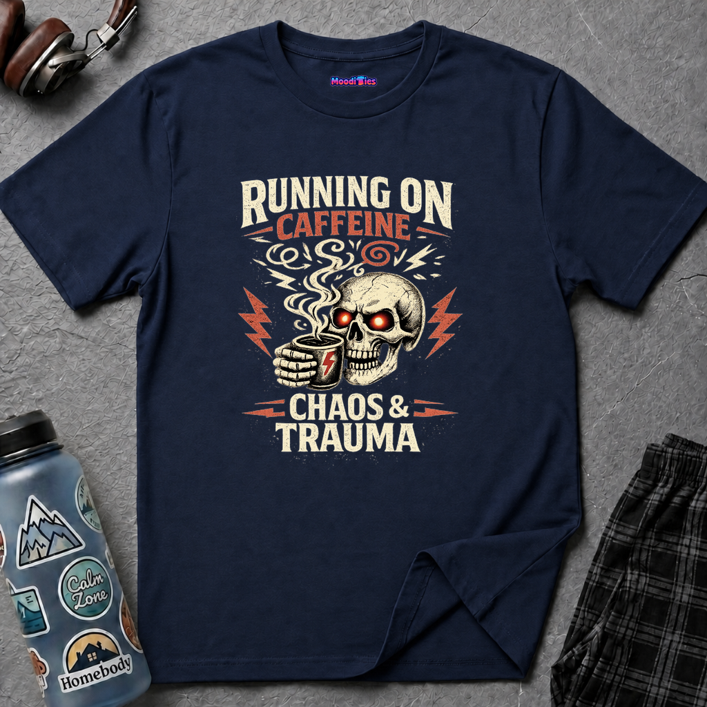 "Running on Caffeine, Chaos & Trauma" Skull Coffee T-Shirt