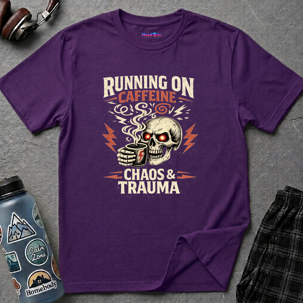 "Running on Caffeine, Chaos & Trauma" Skull Coffee T-Shirt