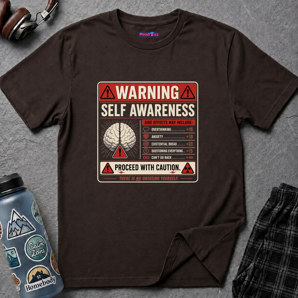 Vintage warning sign showing a stylized brain icon and text reading 'Warning: Self Awareness ... Proceed with Caution'