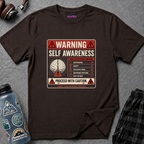 Vintage warning sign showing a stylized brain icon and text reading 'Warning: Self Awareness ... Proceed with Caution'