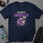 Sad purple ball of yarn tangled with tape patches holding sign HANGING IN THERE below SLIGHTLY UNRAVELED text