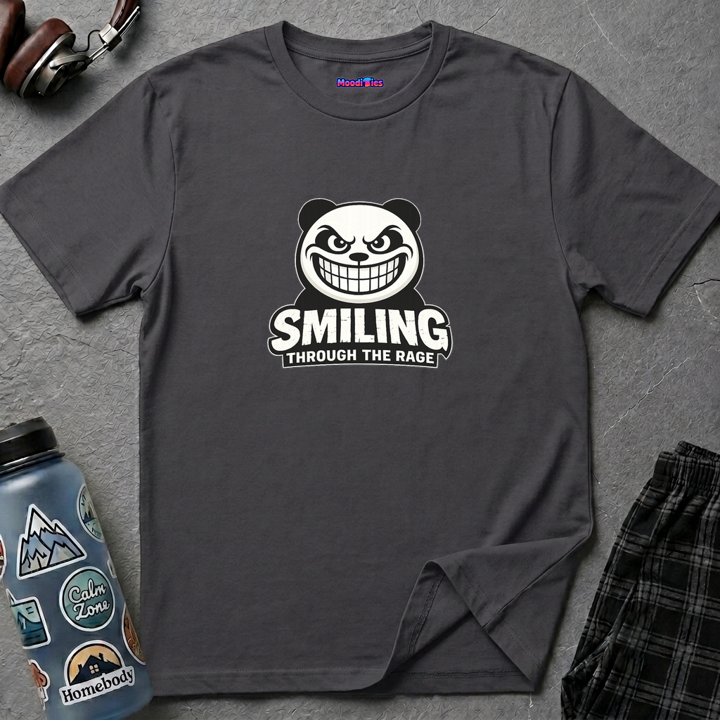 Text "Smiling Through The Rage" featuring a somewhat psychotic-looking panda grinning fiercely.
