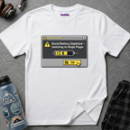 T-shirt showing a pixel alert and cursor on OK; reads Social Battery Depleted — Switching to Single Player