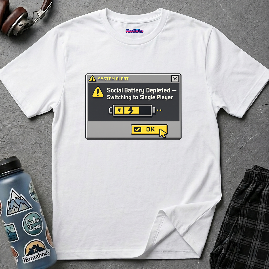 T-shirt showing a pixel alert and cursor on OK; reads Social Battery Depleted — Switching to Single Player