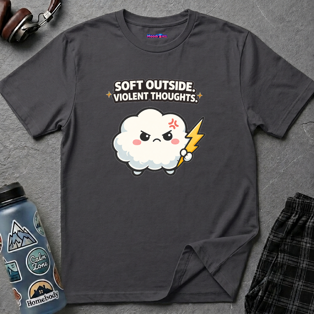 Kawaii angry cloud with red angry mark clutching lightning bolt below text Soft Outside. Violent Thoughts.