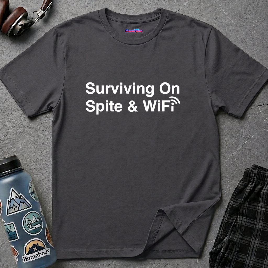 Text "Surviving On Spite & WiFi" with bold white text design