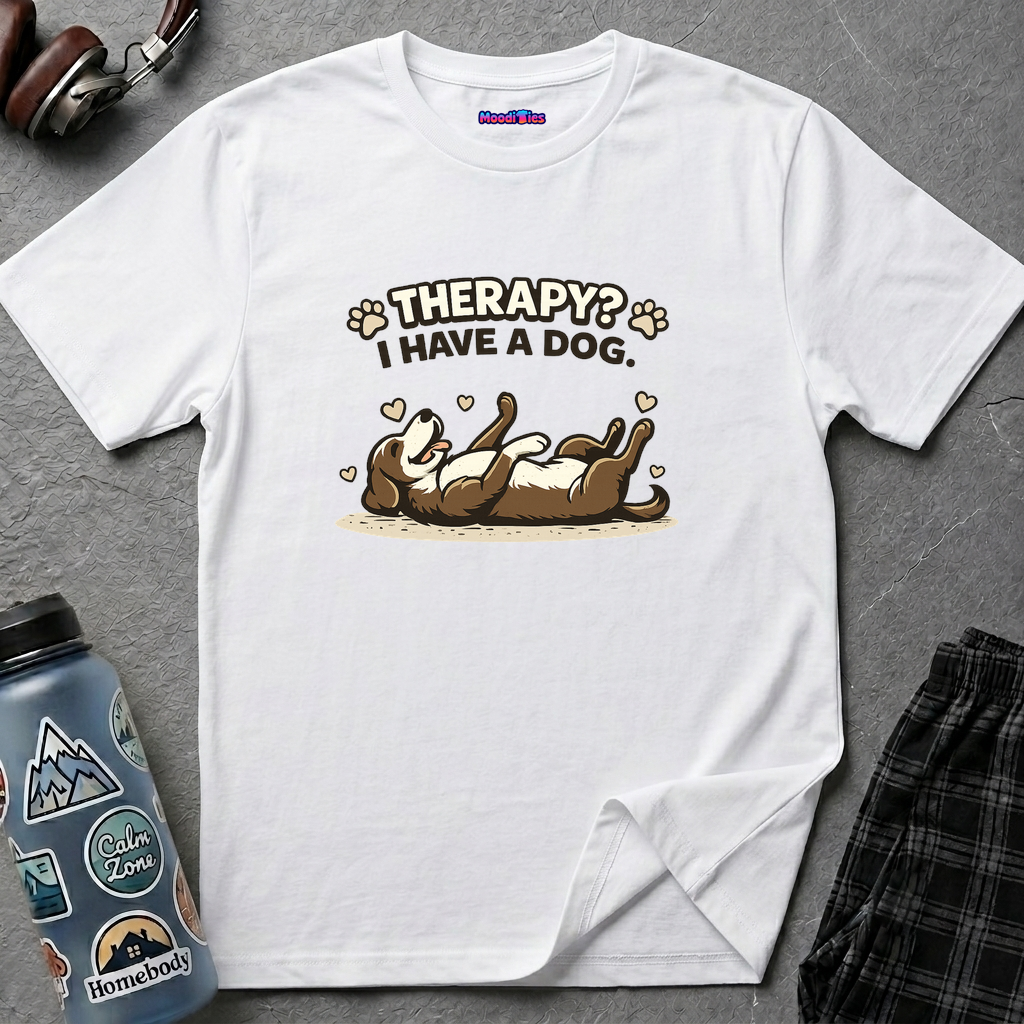 Text “Therapy? I Have a Dog” with happy dog on its back, tongue lolling, with hearts all around