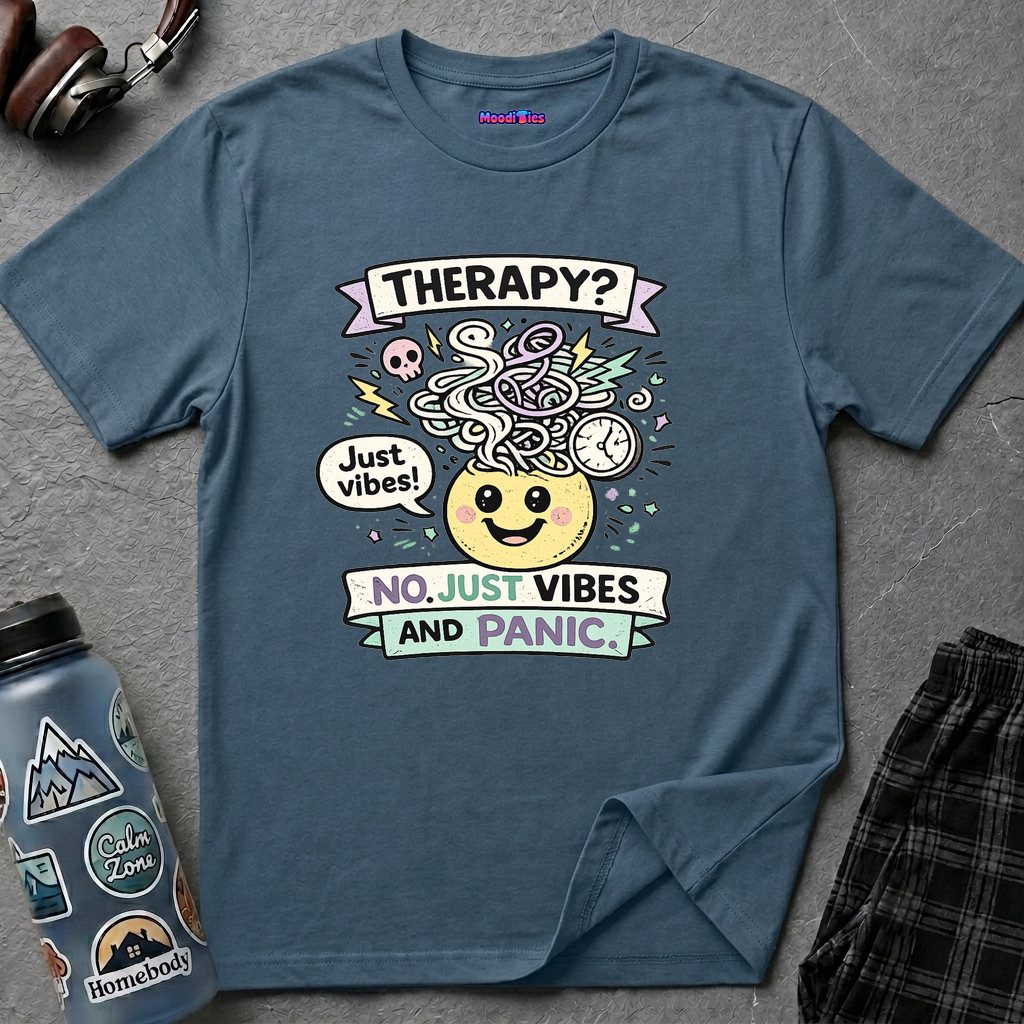 Text "Therapy? No. Just Vibes and Panic" with smiling yellow face with chaos doodles coming out from top of its head