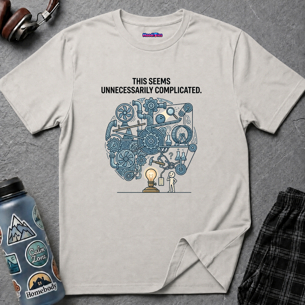 "This Seems Unnecessarily Complicated" Crazy Lightswitch Machine T-Shirt — Humorous Mechanical Maze Tee