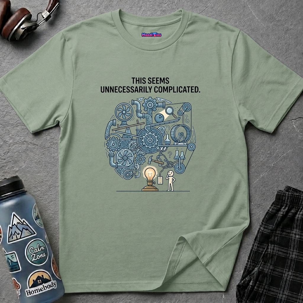 "This Seems Unnecessarily Complicated" Crazy Lightswitch Machine T-Shirt — Humorous Mechanical Maze Tee
