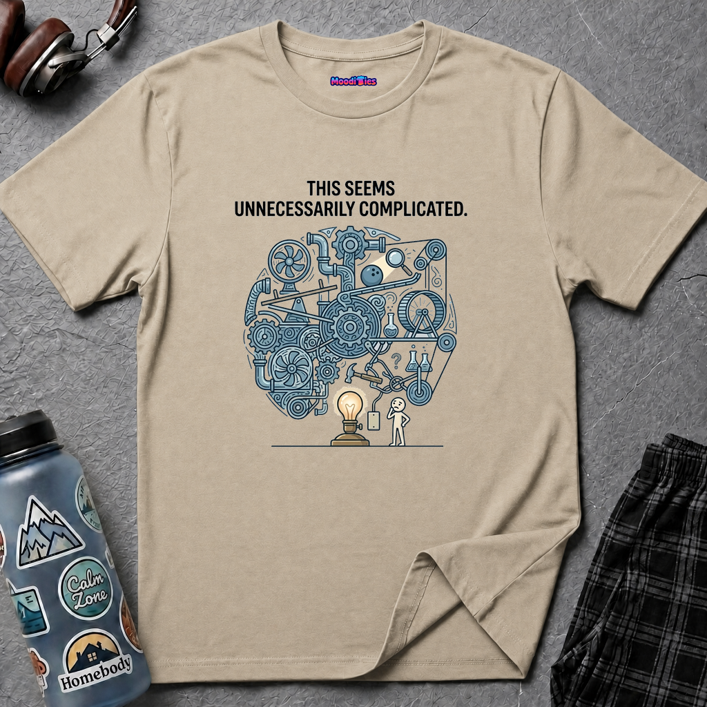 "This Seems Unnecessarily Complicated" Crazy Lightswitch Machine T-Shirt — Humorous Mechanical Maze Tee
