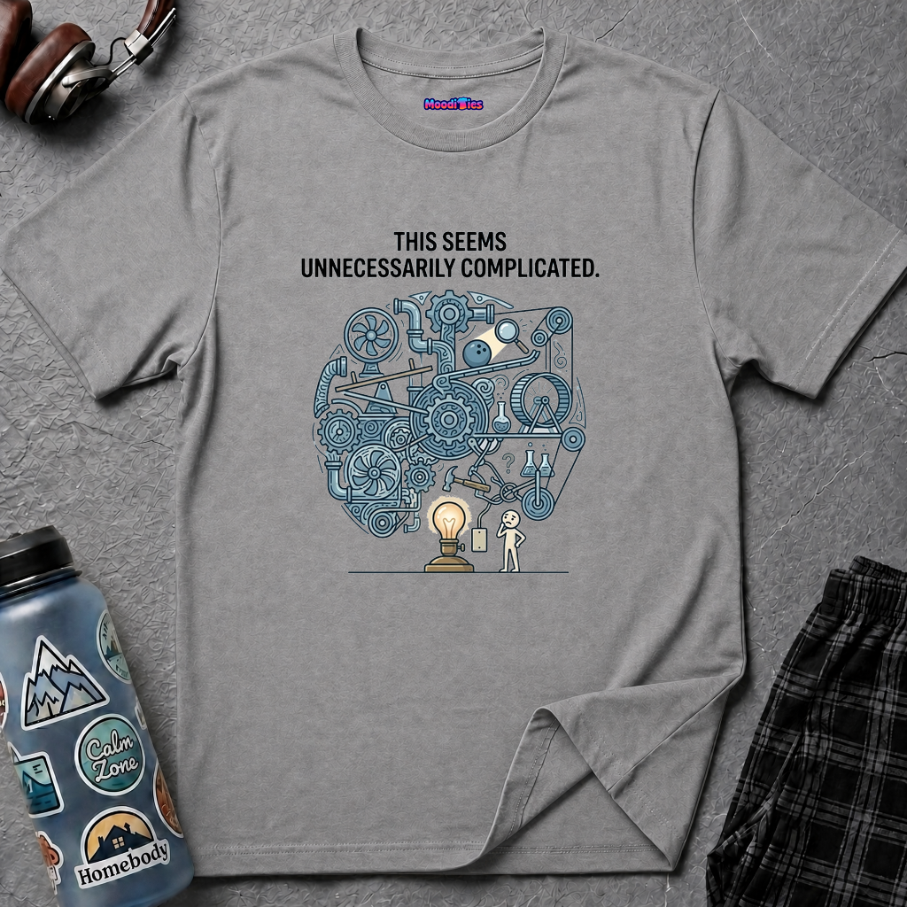 "This Seems Unnecessarily Complicated" Crazy Lightswitch Machine T-Shirt — Humorous Mechanical Maze Tee