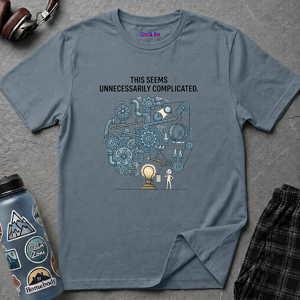 "This Seems Unnecessarily Complicated" Crazy Lightswitch Machine T-Shirt — Humorous Mechanical Maze Tee