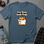 Text  "Tiny Body, Huge Rage," with a fat angry cartoon hamster holding a steaming cup of coffee