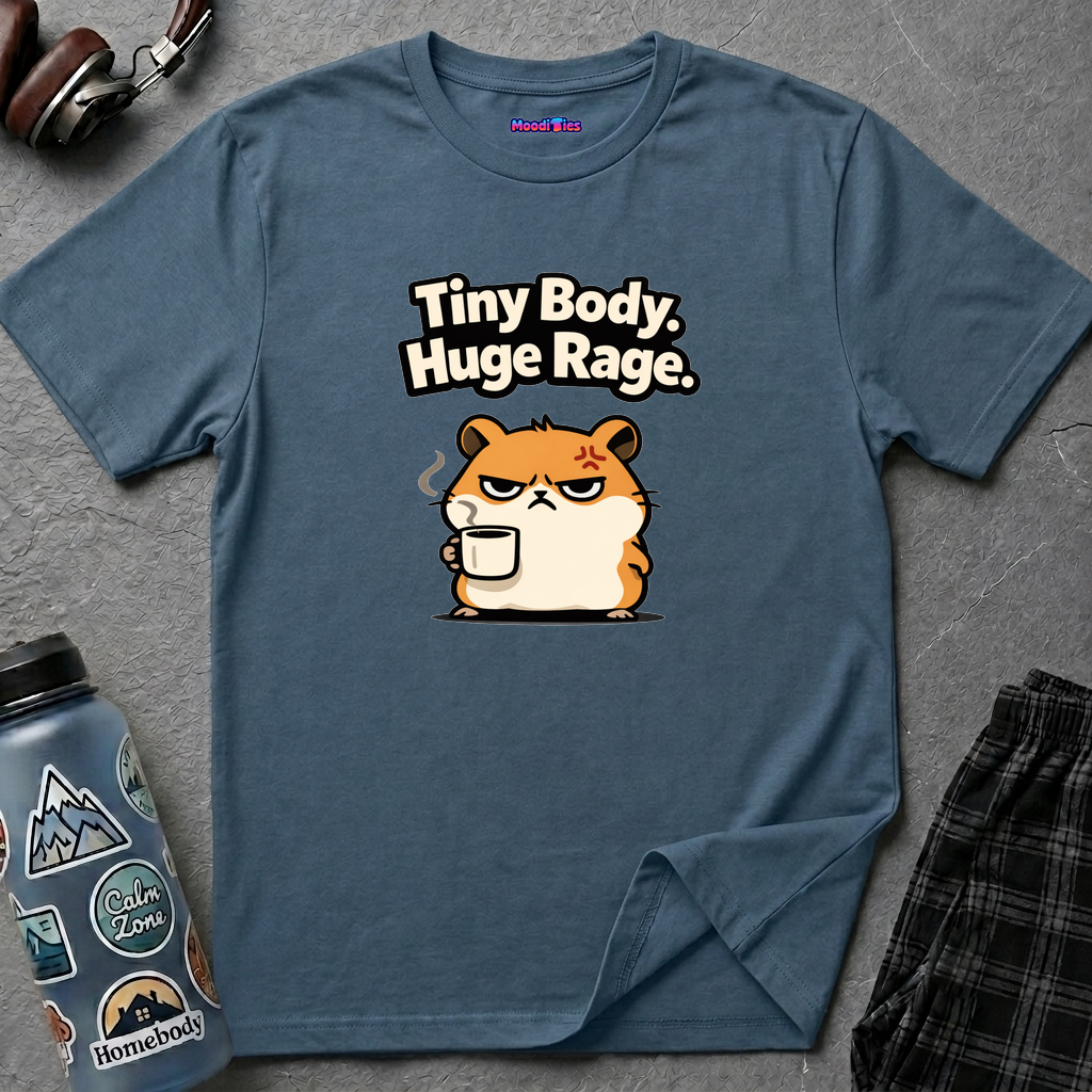 Text  "Tiny Body, Huge Rage," with a fat angry cartoon hamster holding a steaming cup of coffee