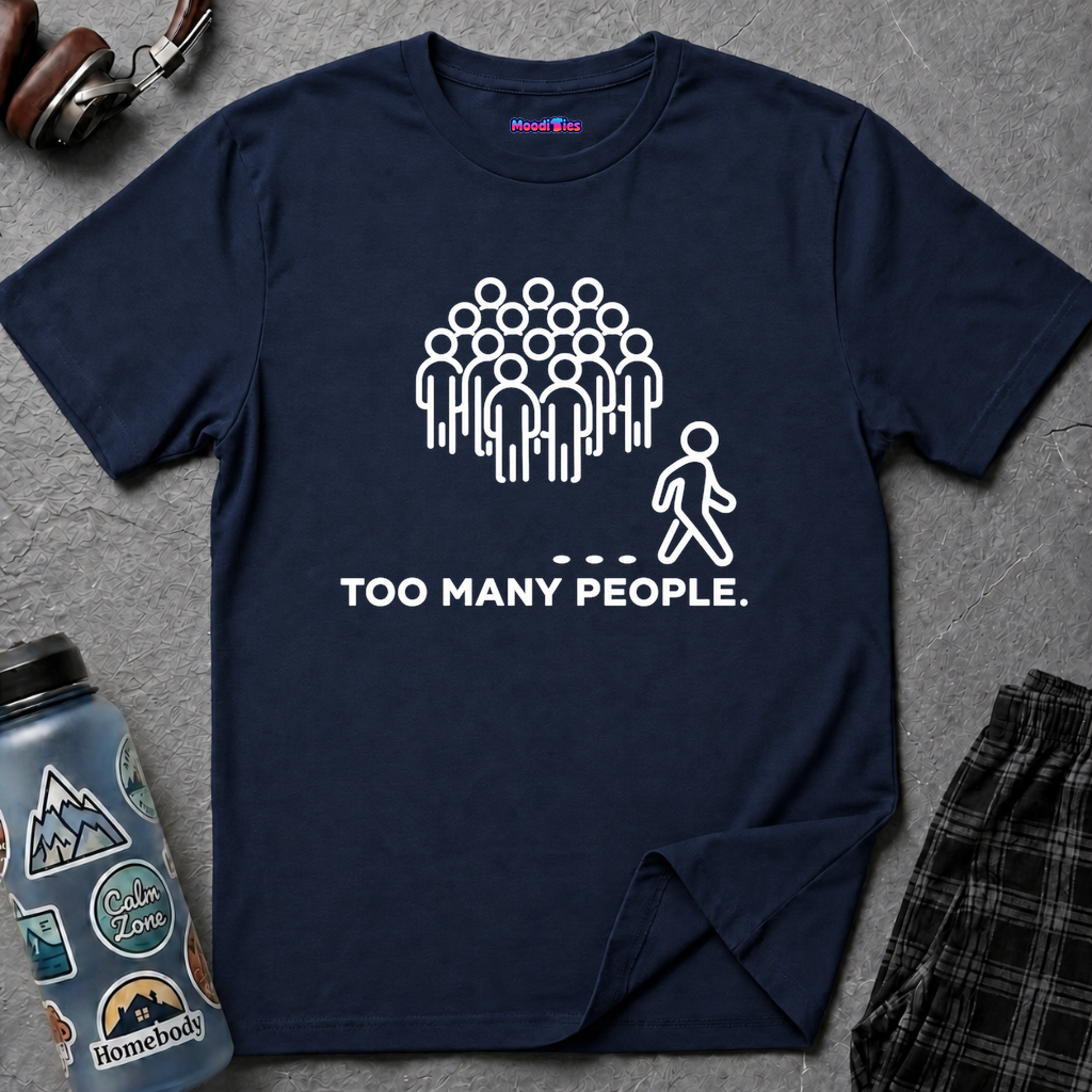 Single figure moving away from a tightly packed group under the phrase TOO MANY PEOPLE.