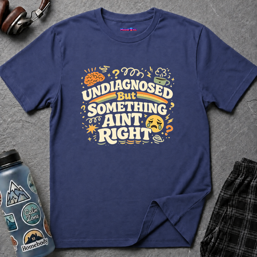 Text "Undiagnosed But Something Ain't Right," with quirky doodles, a stressed brain, a crying face, a coffee cup and question marks.