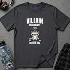Text "Villain Origin Story" over a sad and mad raccoon being rained on by a tiny rain cloud over its head, with text "One Bad Day"underneath