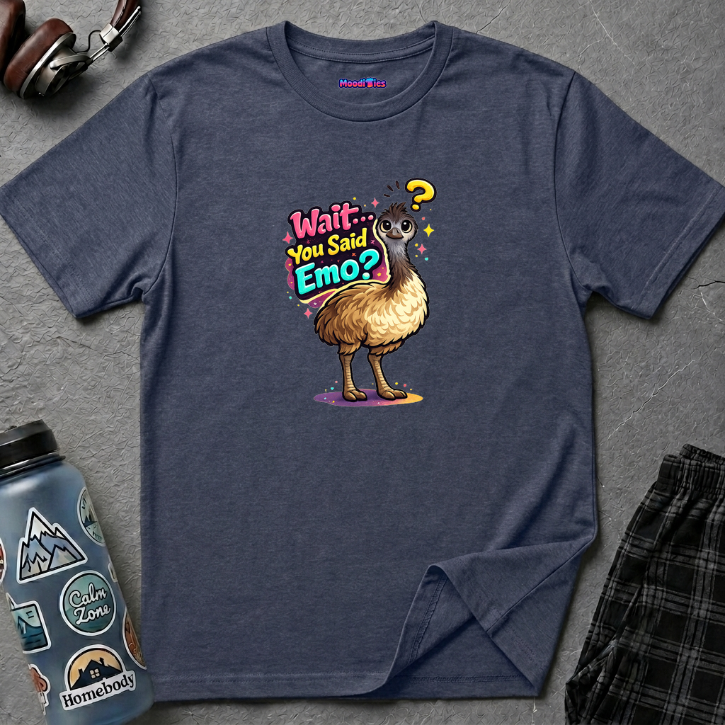 Text "Wait… You Said Emo?" with funny confused emu illustration
