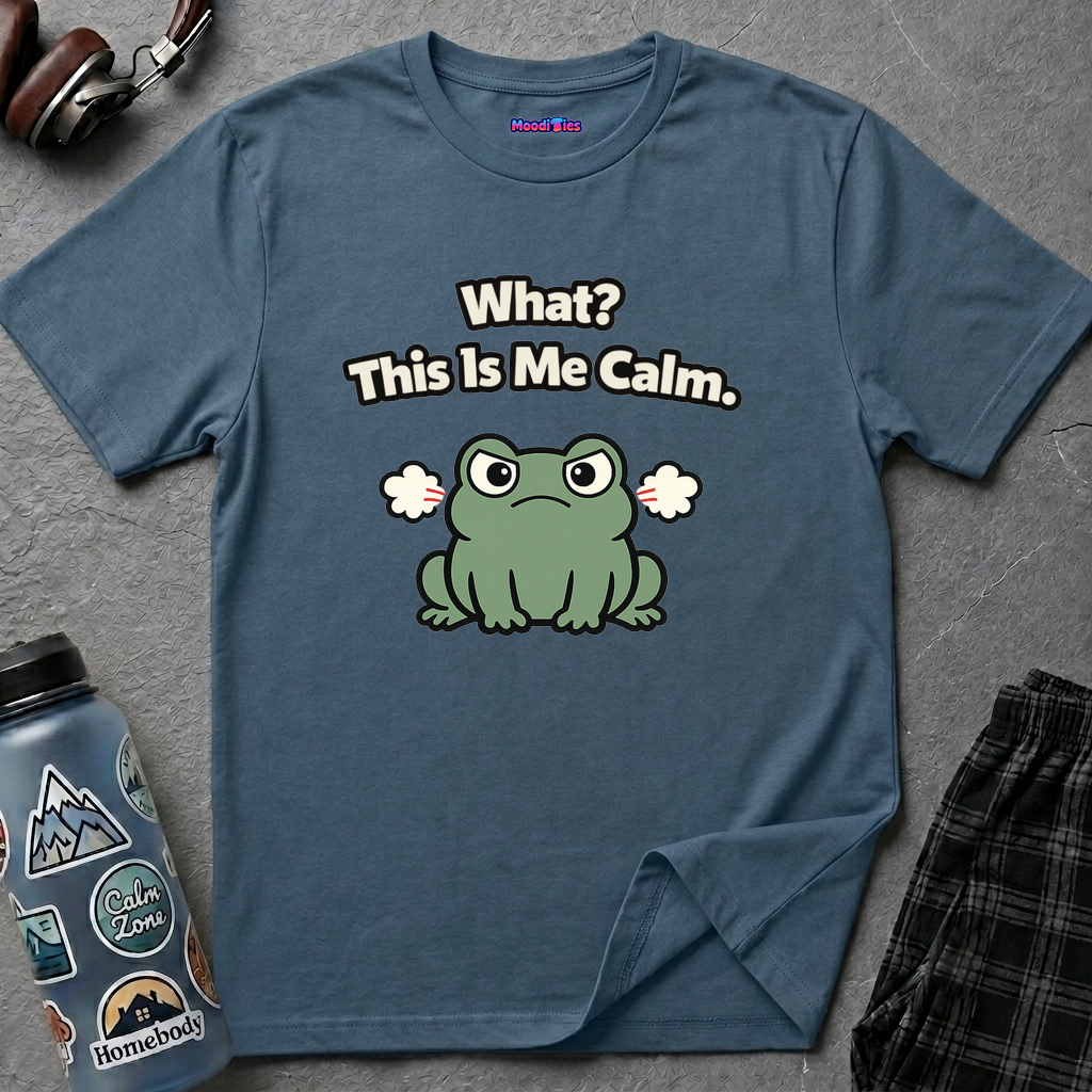 Text "What? This Is Me Calm," with cranky cartoon frog with steam coming out of its ears.