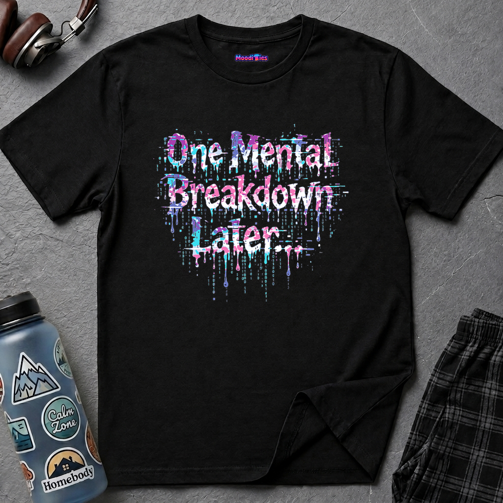 Text "One Mental Breakdown Later" in dripping pixelated paint-splatter letters with falling binary code.